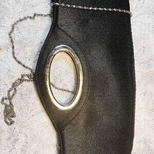 D-Fusion Black Satin Clutch, Oval Rhinestone Handle, Long Silver Chain